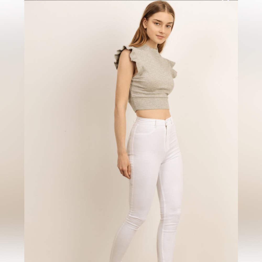 Storia Ribbed Ruffle Sleeve Cropped Top Sz S - Picture 5 of 12